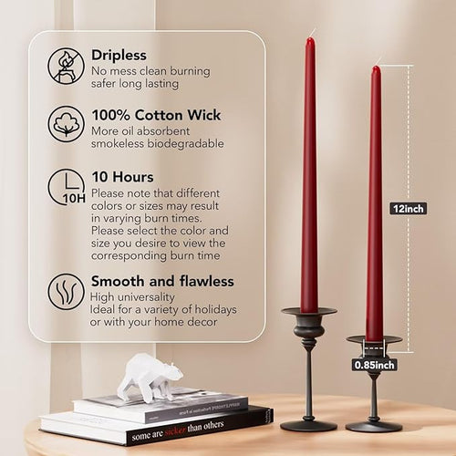 12-Inch Tall Dripless Taper Candles Set of 4 - Dark Red Tapered Candles, Perfect for Christmas - Smokeless, Unscented, Long Burning - Hand Poured, Colored Tall Candlesticks - Bordeaux