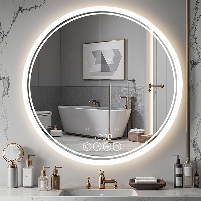 Wall-Mounted Round Bathroom Mirror with LED-Lights - 32 Inch Vanity Mirrors with Dimmable (32" x 32",Frameless)