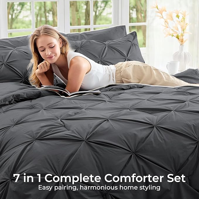 Sasttie Twin Comforter Set, 5-Piece Bed in a Bag, Pintuck Bedding Sets for All Season, Includes Comforter, Flat Sheet, Fitted Sheet, Pillowcase and Pillowsham, Dark Grey