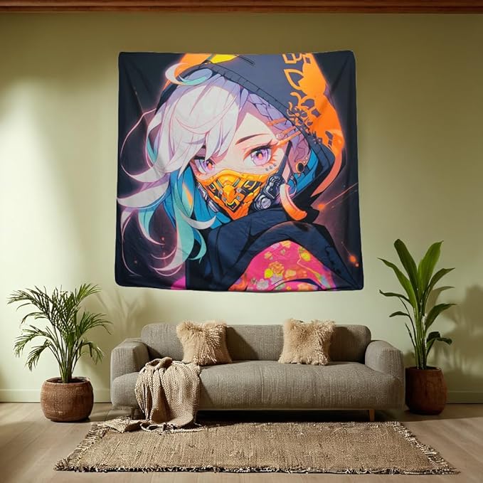 HOUHUANG Anime Fluorescent Tapestry - 59x59 Inches Large Wall Hanging for Room Decoration, Glow-in-the-Dark Trippy Boho Style with Blacklight Effects, Perfect for Bedroom and Custom Tapestry Lovers (Ninja Girl )