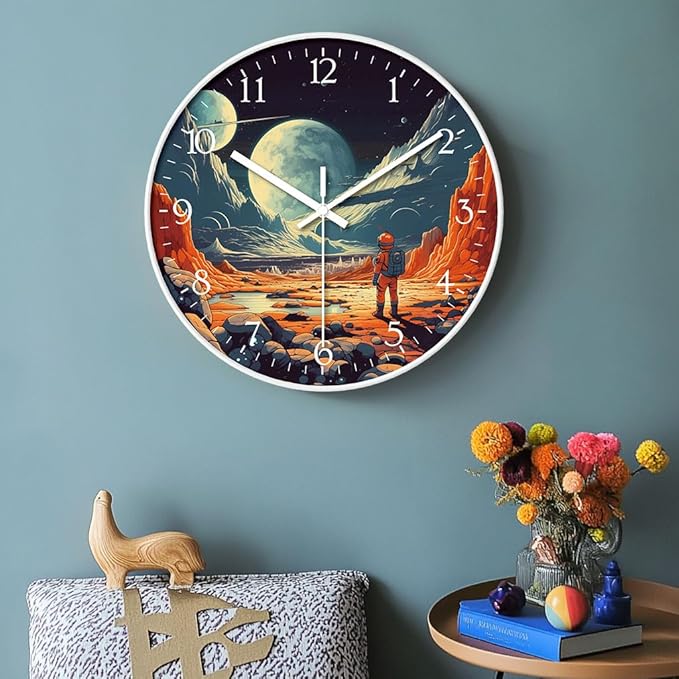 8 inch Silent Battery Operated Wall Clock, Decorative Round Wall Clock, Space Themed Astronauts