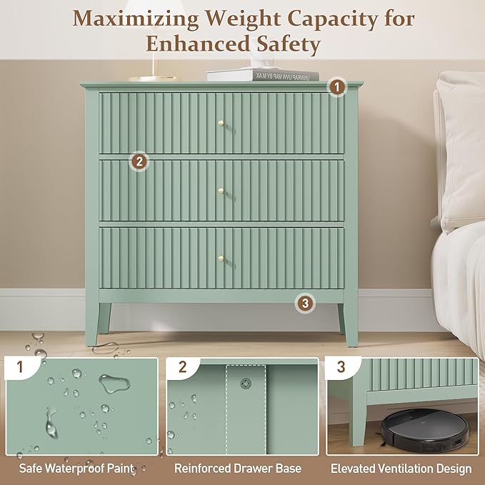 Large Sage Green Fluted 3-Section Set of 2, Modern 30 Inch Tall Wood Side Unit with Ball Bearing Slides, Wide Accent Furniture with Spacious Compartments for Living Room Entryway
