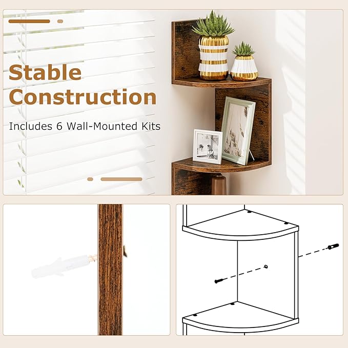 Tangkula 5-Tier Corner Shelf Wall Mount, Farmhouse Floating Corner Bookshelf, Industrial Modern Display Shelf Stand, Wooden Storage Organizer for Living Room Home Office (2, Rustic Brown)