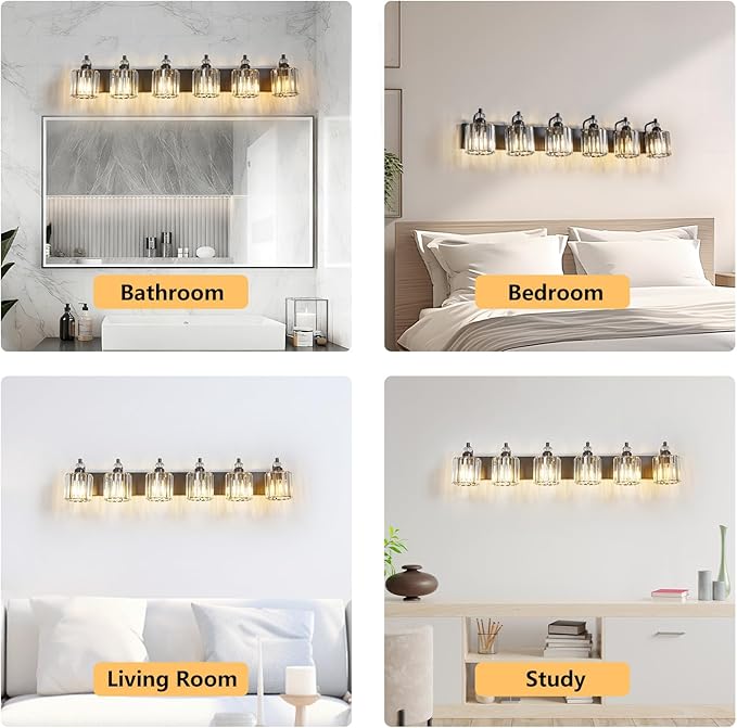 6-Light Black Bathroom Light Fixtures Over Mirror Modern Vanity Lights Crystal Wall Sconce Vintage Bathroom Lighting with Crystal Shade E26 Base for Bedroom, Living Room, Hallway