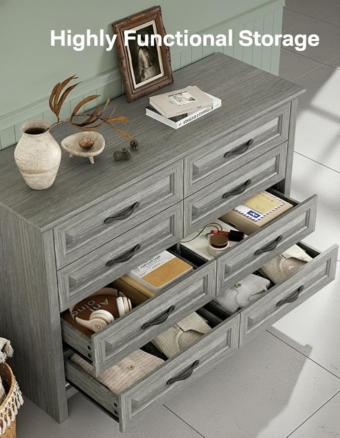 Marsail Farmhouse 8 Drawer Dresser, Wood Chest of Drawers with Natural Texture, Smooth Gliding Drawers, Versatile Storage Organizer Cabinet for Bedroom & Living Room, Grey