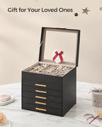 SONGMICS GISELLA Collection - Jewelry Box Organizer, 6-Layer Jewelry Storage with 5 Drawers, Shiny Metal Hardware, Glass Lid, Modern, 8 x 9.1 x 9 Inches, Ink Black and Gold Color UJBC176B01
