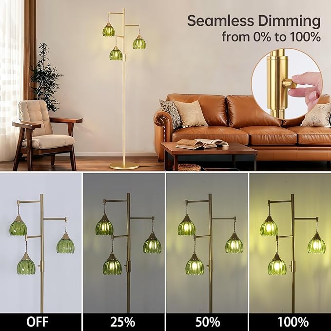 Dimmable Floor Lamp for Living Room, Bedroom, Gold Standing Lamp with 3pcs 6W Bulbs, Vintage Brass Floor Lamps for Corner, Nursery (Green Tulip)