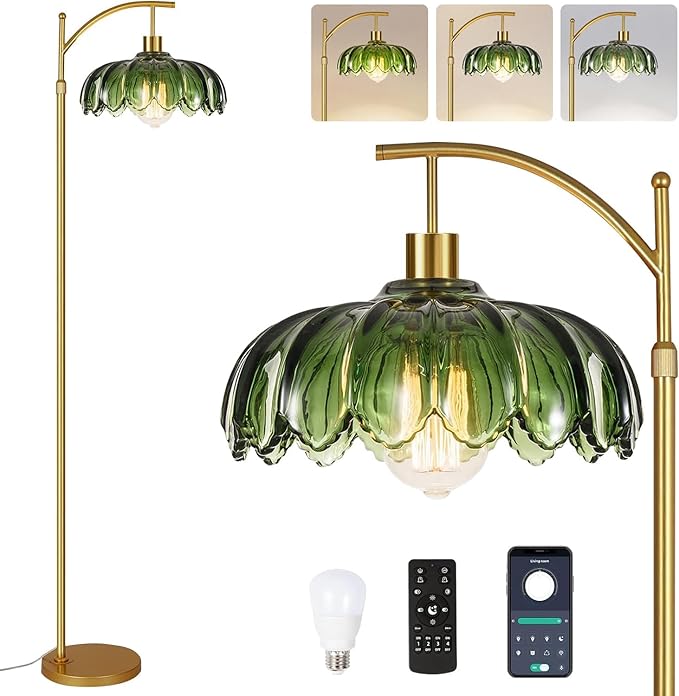 Gold Floor Lamps for Living Room,Glass Floor Lamp with Remote Control & Green Lampshade,Arc Flower Lamp Dimmable Mid Century Modern Standing Lamp Vintage Brass Tall Floor Lamp For Bedroom Corner
