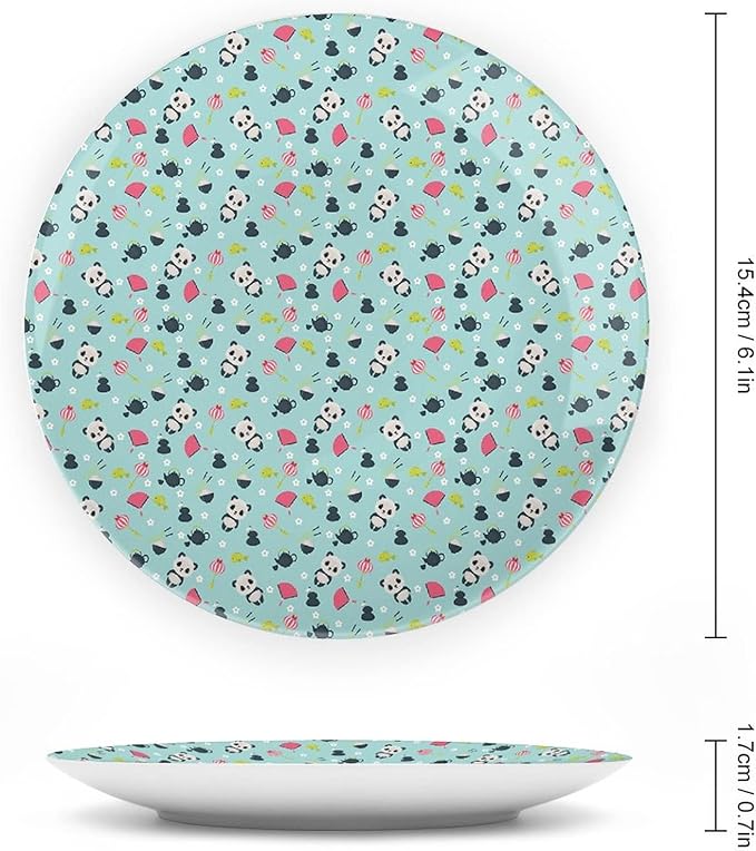 Decorative Plates, Asian Print Ornament, Panda Bears Koi Fishes Chopsticks Tea, 6 Inch, Kitchen Wall Decor, Multicolor