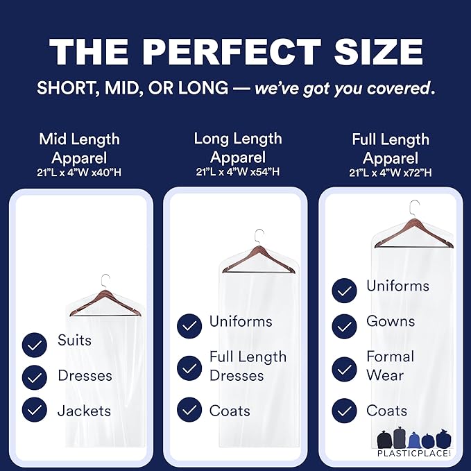 Plasticplace Clear Garment Bags Plastic Dress Bag 21" X 4" X 72", 50 Count