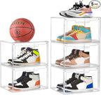 5 Pack Clear Stackable Shoe Organizer Box with Lids, Acrylic Shoes Box with Magnetic Doors, Transparent Shoe Storage Bins Closet Organizers, Shoes Containers For Sneaker Display, Fit up to US Size16