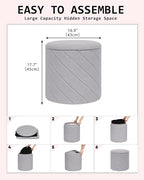 Round Boucle Storage Ottoman with Reversible Wood Tray, 17.7" Sherpa Cylinder Footrest Stool with Storage, Upholstered Folding Ottoman Coffee Table for Living Room Bedroom Dorm, Grey