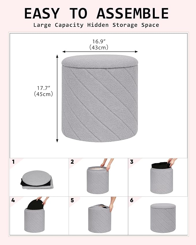 Round Boucle Storage Ottoman with Reversible Wood Tray, 17.7" Sherpa Cylinder Footrest Stool with Storage, Upholstered Folding Ottoman Coffee Table for Living Room Bedroom Dorm, Grey