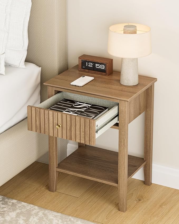 Fluted Nightstand, Farmhouse Night Stand with 1 Drawers, Mid Century Modern Side Accent Table,Bedside End Table for Bedroom, Living Room, Natural