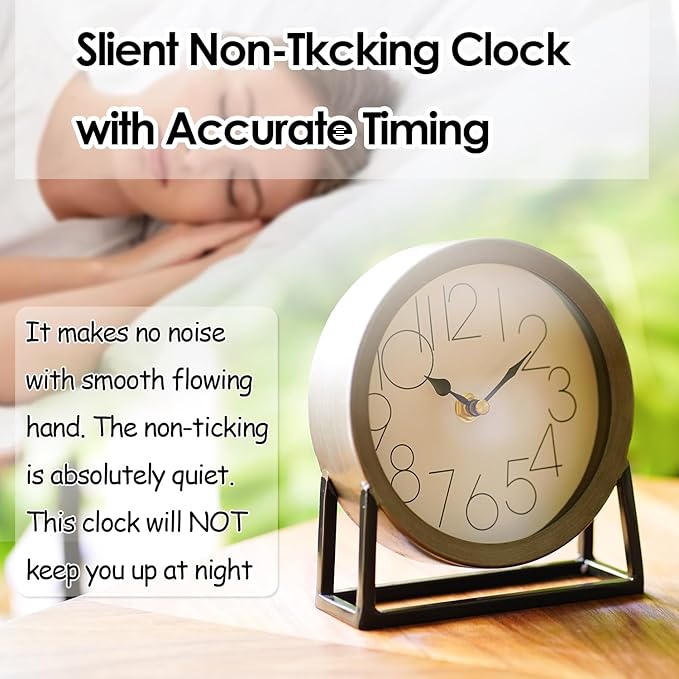 Modern Silvery Table Clock on Stand – Decorative Desk & Shelf Mantel, Farmhouse Non-Ticking, Home Décor for Living Room, Bedroom, Bedside, Office – Elegant Gift (Silvery)