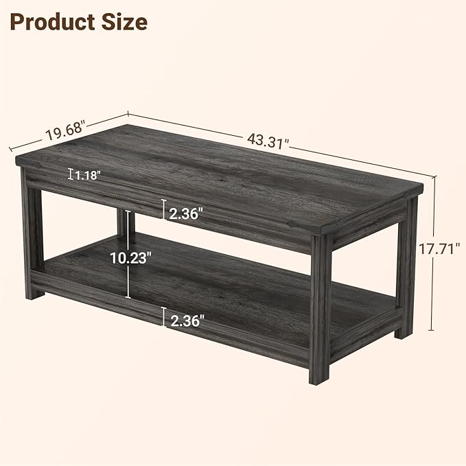 Homieasy Coffee Table with Storage Shelf, 43.3” Farmhouse Wood Coffee Tables for Living Room, Modern Center Tea Table, Grey