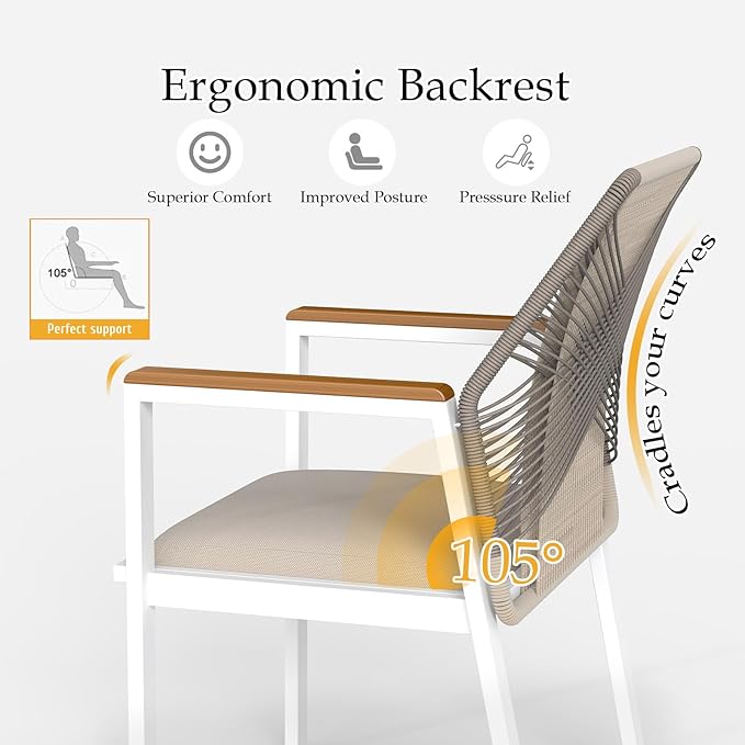 Aluminum Outdoor Patio Dining Chairs - Imitation Rope Vine Chair Ergonomic Backrest Design Detachable Seat Cushion Soft and Breathable Garden Porch White Set of 4
