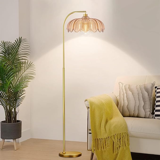 Gold Floor Lamp Dimmable Standing Lamp with Remote,Brass Tall Lamp Mid Century Modern Retro Glass Vintage Green Lamp Floor Light Boho Bohemian for Living Room,Bedroom