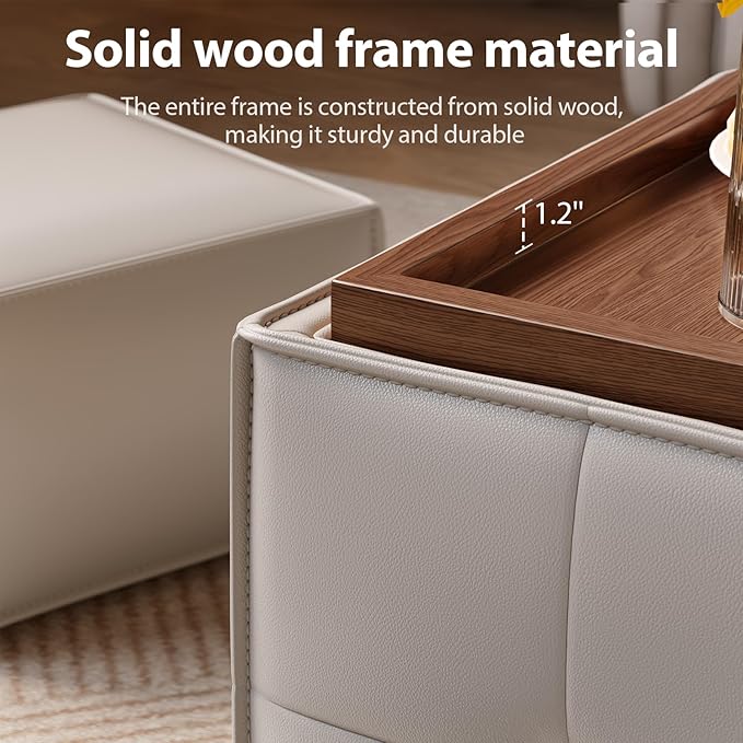 Square Ottoman with Storage Set of 2, Leather Coffee Table Ottoman, Multifunctional Foot Rest Stool with Storage for Living Room & Bedroom