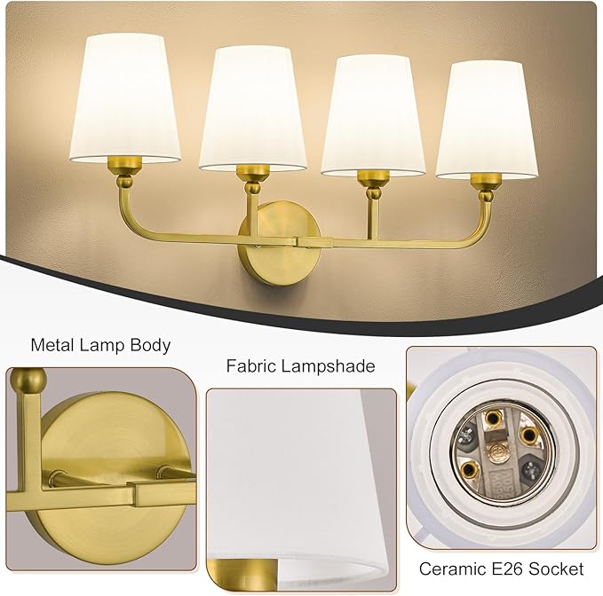 Kvhilw Bathroom Vanity Light, Brushed Gold Bathroom Light Fixtures, 4-Light Lighting Fixtures Over Miror, Modern Wall Sconce with Flared White Fabric Shade, E26 Socket(ETL Listed)