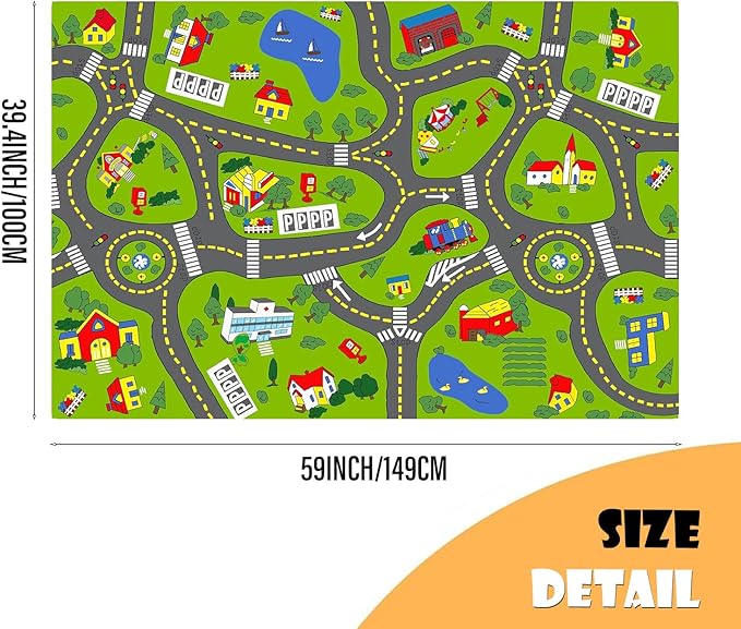 Non-Slip Town City Road Map Playmat for Boys, Perfect for Playroom and Bedroom, Car Track Mat - 4'11" x 3'3"(Rectangular)
