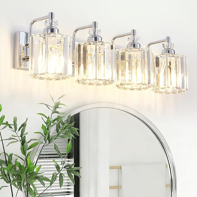 4-Light Modern Bathroom Light Fixture Chrome Bathroom Vanity Lights Over Mirror Wall Sconce Lighting with K9 Crystal Shades E26 Base for Bedroom, Living Room, Hallway, Cabinet Wall Lamp