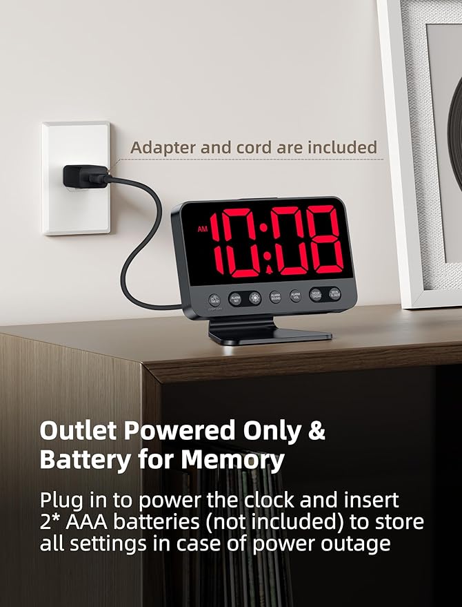 Digital Alarm Clocks for Bedrooms: Large Bold Number 5 Brightness Dimmer - Easy to Read Across The Room - 5 Alarm Sound 8 Night Light - Red
