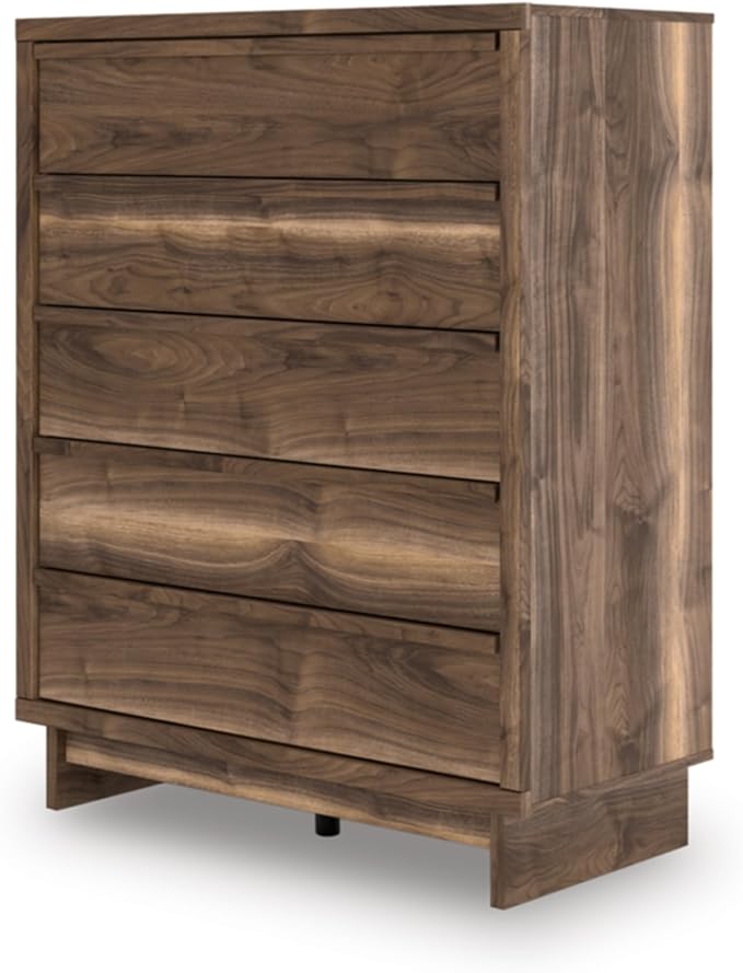 Signature Design by Ashley Darcalli Casual 5-Drawer Wide Chest with Easy Glide and Safety Stop for Bedroom, Light Brown