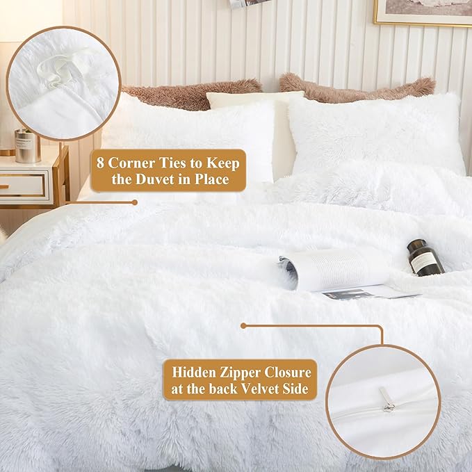 XeGe Plush Shaggy Duvet Cover Set, Luxury Ultra Soft Crystal Velvet Fluffy Bedding Sets 3 Pieces(1 Furry Faux Fur Comforter Cover + 2 Fuzzy Faux Fur Pillowcases), Zipper Closure(Queen, White)
