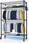 Heavy Duty Clothes Rack with Wheels, 43"W x 18"D x 81"H Rolling Garment Rack, 800 lb Capacity, 3-Tier Adjustable Shelves, Double Hanging Rods, 6 Hooks, Portable Closet Organizer, Tool-Free Assembly