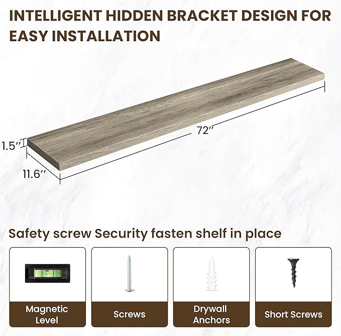 72 inch Floating Shelves for Wall, 12 Inch Deep Floating Shelf, Hanging Shelf with Invisible Brackets, Rustic Wooden Wall Shelves for Bathroom, Bedroom, Living Room,Farmhouse Set of 1,Grey