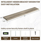 72 inch Floating Shelves for Wall, 12 Inch Deep Floating Shelf, Hanging Shelf with Invisible Brackets, Rustic Wooden Wall Shelves for Bathroom, Bedroom, Living Room,Farmhouse Set of 1,Grey