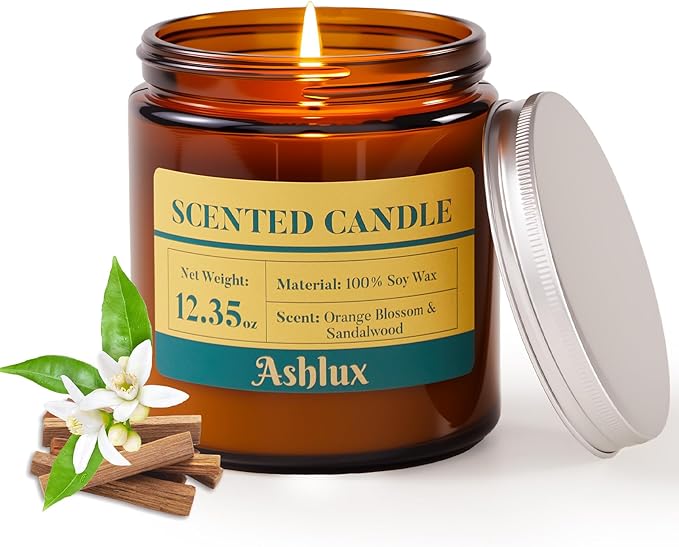 Orange Blossom and Sandalwood Candle,12.35oz Scented Candles with 8% Essential Oils,70 Hour Burn Time Soy Wax Candles for Home Decor,Reading,Jar Candle Gifts for Women and Men