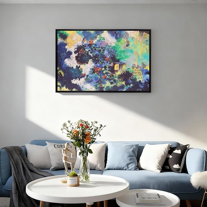 Charouse 1 Piece Framed Wall Decor Blue Green Abstract Eclectic Pastoral Vintage Artistic Wall Art for Living Room Office Bedroom Cafes Vibrant Spots Nature Architecture Pictures Christmas GIft Wall Decor 24*16 Inch