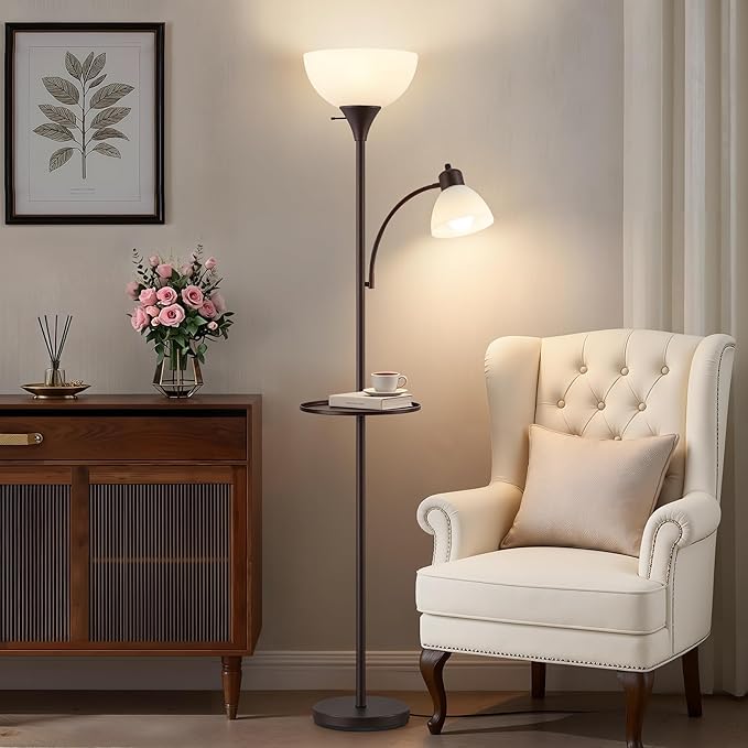 Luvkczc 72" Floor Lamp with Table, Adjustable Reading Lights, Modern Torchiere Floor Lamps for Living Room, Bedroom, Office, Brown【Bulb not Included】