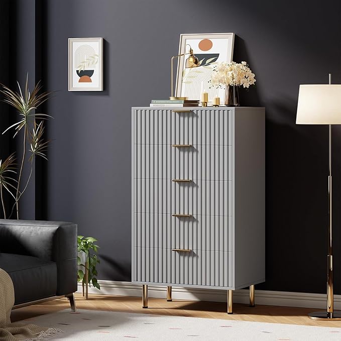 GarveeHome Fluted 5 Drawer Dresser for Bedroom, 48 in Tall Modern Chest of Drawers with Deep Drawers and Wide Top, Wooden Dresser Organizer for Living Room, Hallway, Kids Room, Grey