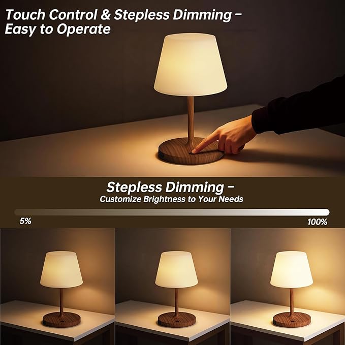 Waterproof Rechargeable Table Lamp - Portable Cordless Desk Lamp with 8 RGB Colors,4000mAh Outdoor Stepless Dimmable LED Night Light for Bedroom, Living Room,Camping Restaurant,Office (Wood Grain)