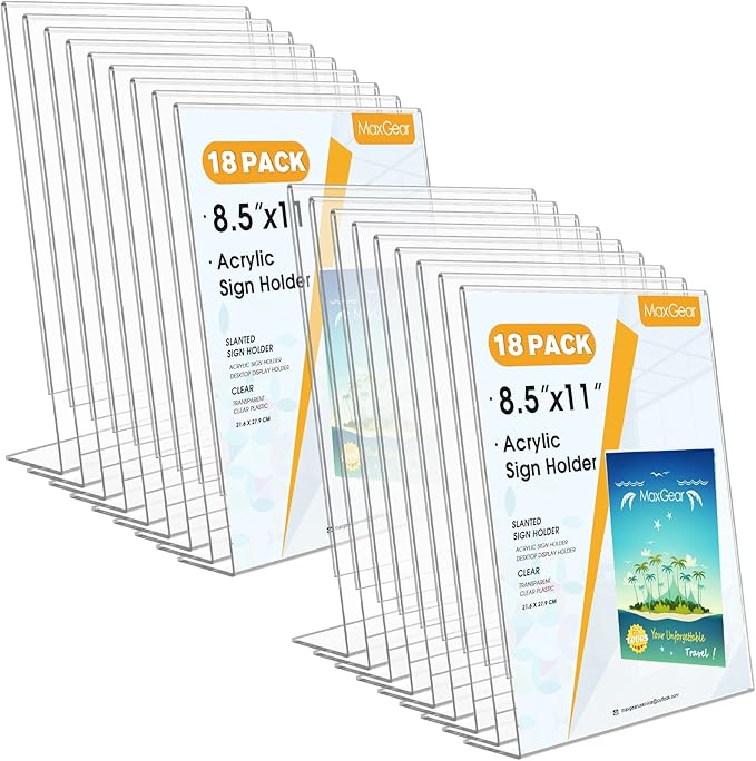 MaxGear Acrylic Sign Holder 8.5 X 11, Plastic Paper Holder With Vertical Slanted Back, Picture Photo Frames Display Stand Flyer and Document Organizer for Office Desktop Use,18 Pack