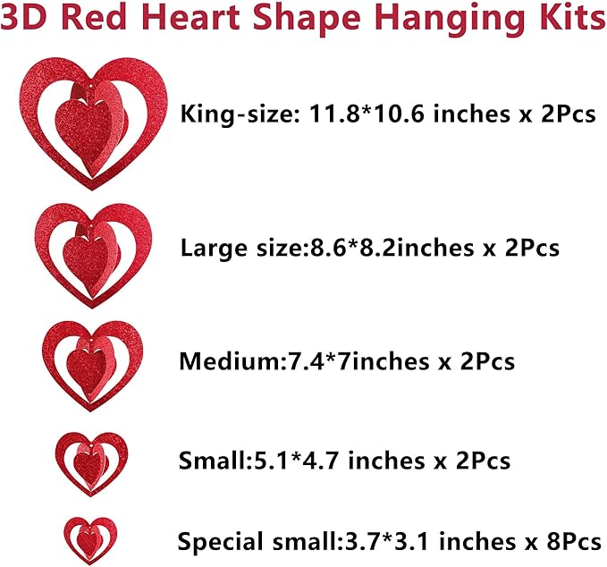 Deloky 16 Pcs Valentine's Hearts Hanging Foil Decoration- Wine Red 3D Glitter Heart Garland Ornament- Swirl Heart Ceiling Ornaments for Valentines, Wedding, Engagement, Anniversary Party Decor