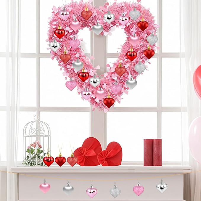 36Pcs Valentines Heart Ornaments, Red Pink Silver Glitter Valentines Decorations Heart Shaped Baubles, Romantic Hanging Valentine Day Tree Ornaments Decorations for Home Office, 3 Styles