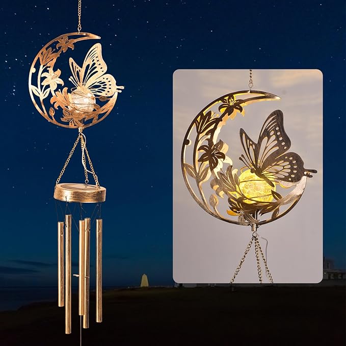 JOBOSI Moon Butterfly Wind Chimes Decorative Gift, Solar Moon Butterfly Wind Chimes for Outside, Mother's Day Wind Chime Gift, Gifts for Women, Mom, Grandma, Outdoor Garden Lawn Yard Decor