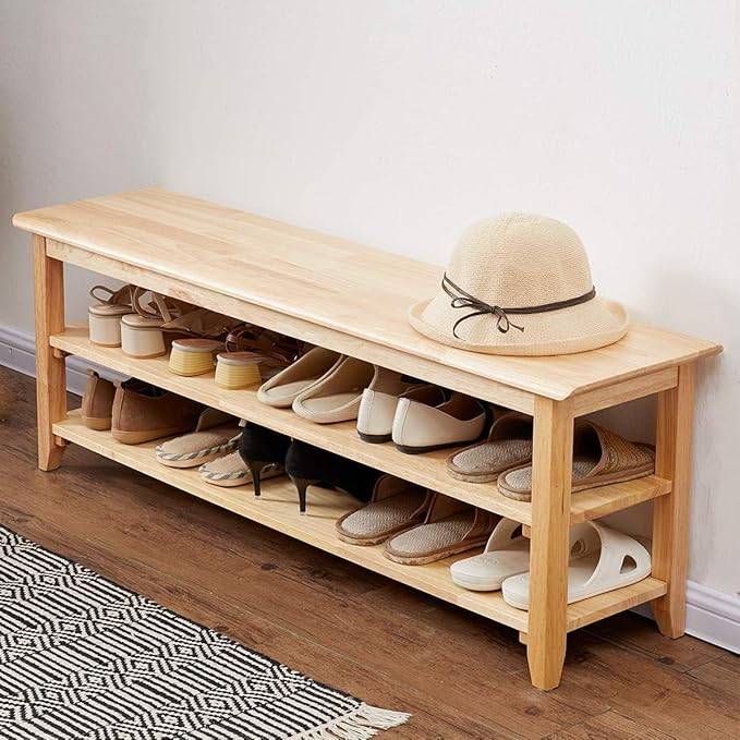 Shoe Rack Bench, 3-Tier Shoe Shelf Organizer,10-12 Pairs Entryway Storage Bench for Hallway, Bedroom, Living Room, Bedroom, Hold up to 550 lbs, Solid Wood, Natural