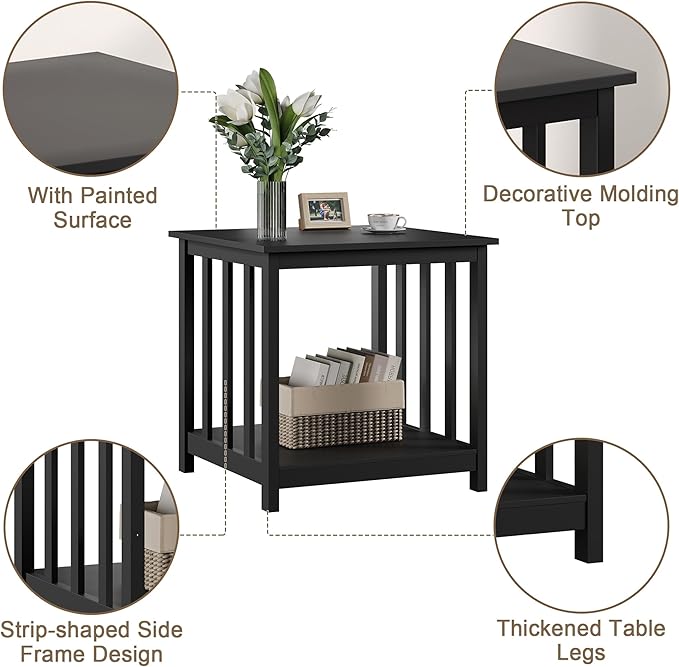 Treocho End Tables Living Room Set of 2, 24 Inch Square Side Table with 2-Tier Storage Shelf, Modern Nightstand for Living Room, Bedroom, Office, Black