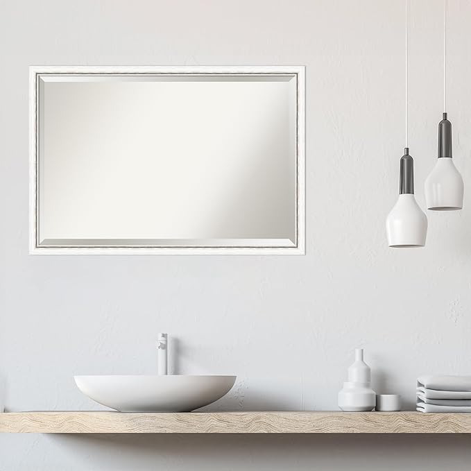 Amanti Art White Wall Mirror 26x38 Morgan White Silver Rectangle Bathroom Mirror for Wall Decor Living Room, Large Modern Wood Frame, Hangs Horizonally and Vertically, Bathroom Decor, Beveled Edge