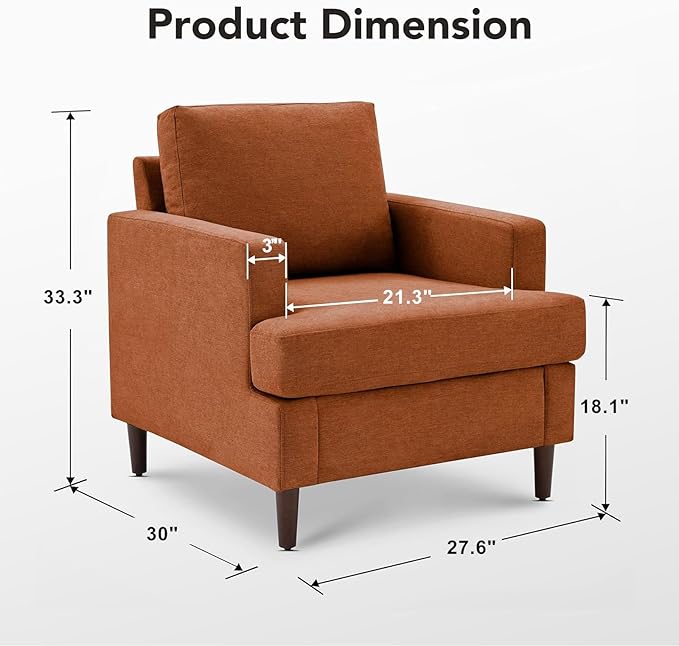 Mid-Century Accent Chair,Modern Linen Fabric Armchair for Living Room,Comfy Upholstered Reading Accent Chairs for Bedroom,Single Sofa Chair with Wood Legs (Orange, 2 Pack)