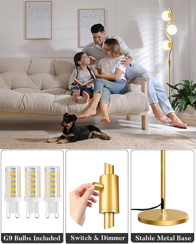 60IN Dimmable Gold Standing Lamps, Ice Crystal Modern Floor Lamp with 3000K G9 Bulbs Included, Mid Century Vintage Globe Floor Lamp for Living Room