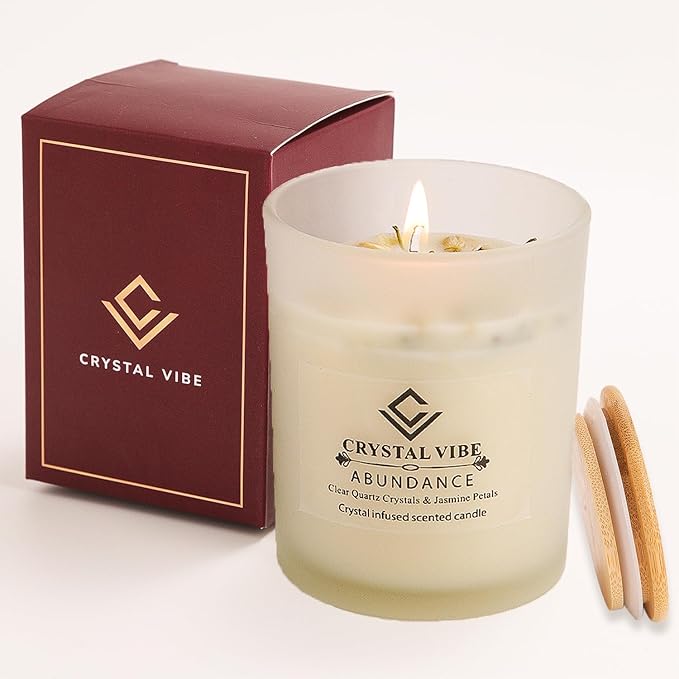 Crystal Vibe Jasmine Scented Candle with Clear Quartz Crystals and Jasmine Petals for Aromatherapy Mditation - Attract Abundance - Natural Soy Candle Gifts for Christams Birthdays