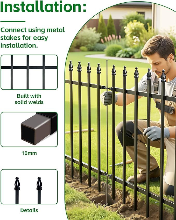 ARIFARO Metal Garden Fence 24" H x 24" W (5 Pack, Length 10 ft) Decorative Fencing, No Dig Border Fencing for Outdoor Patio Yard Flower Bed Animal Barrier