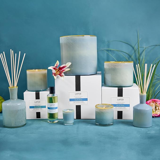LAFCO New York Signature Reed Diffuser, Sea & Dune - 15 oz - Up to 9 Months Fragrance Life - Reusable, Hand Blown Glass Vessel - Natural Wood Reeds - Made in The USA