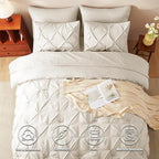 CozyLux Queen Comforter Set Oatmeal, 7 Pieces Pintuck Bed in A Bag, Premium Oatmeal Comforter Queen Size, Pinch Pleat Bedding Sets with Comforter, Sheets, Pillowcases & Shams